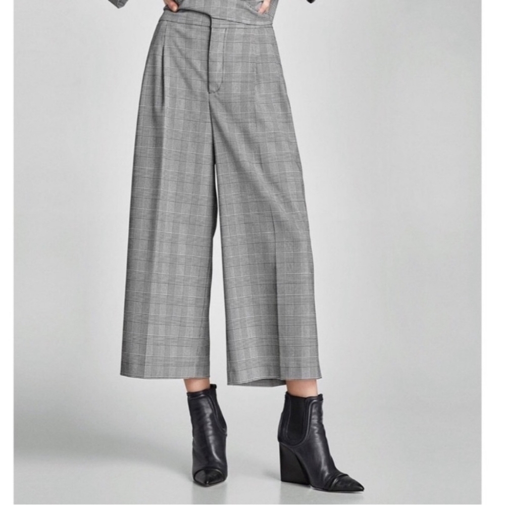 Zara Black White Plaid Women's Wide-Leg Cropped Pants Large New WP281